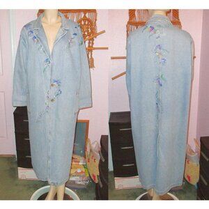 Vtg Sun Belt Denim Trench Coat Size L Duster Hand Painted Art Western Boho 70s